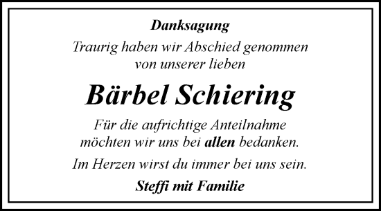 Traueranzeige von Bärbel Schiering von Trauerkombi Bitterfeld