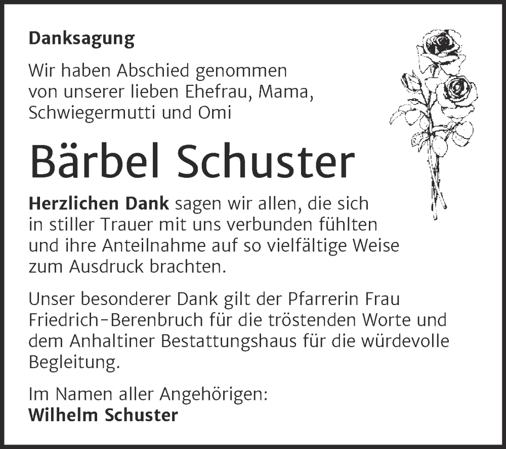  Traueranzeige für Bärbel Schuster vom 02.08.2025 aus Trauerkombi Dessau