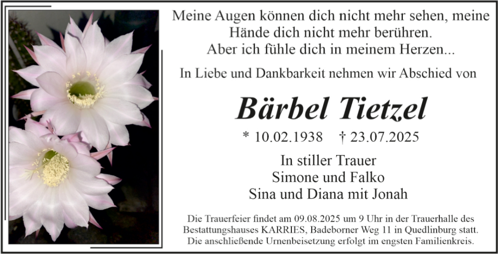  Traueranzeige für Bärbel Tietzel vom 02.08.2025 aus Trauerkombi Quedlinburg