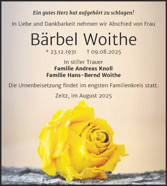 Traueranzeige von Bärbel Woithe von Trauerkombi Zeitz