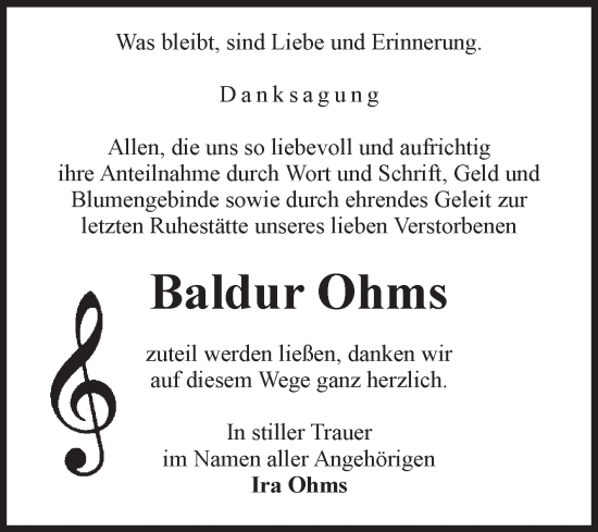 Traueranzeige von Baldur Ohms von Volksstimme Oschersleben/Wanzleben