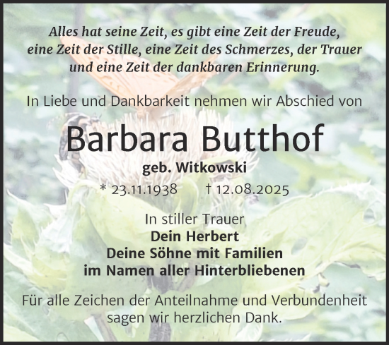 Traueranzeige von Barbara Butthof von Trauerkombi Merseburg