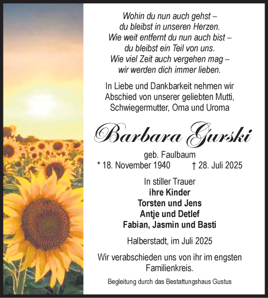 Traueranzeige von Barbara Gurski von Volksstimme Halberstadt