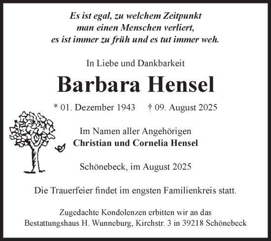 Traueranzeige von Barbara Hensel von Volksstimme Schönebeck