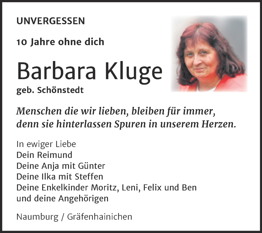  Traueranzeige für Barbara Kluge vom 09.08.2025 aus Trauerkombi Wittenberg