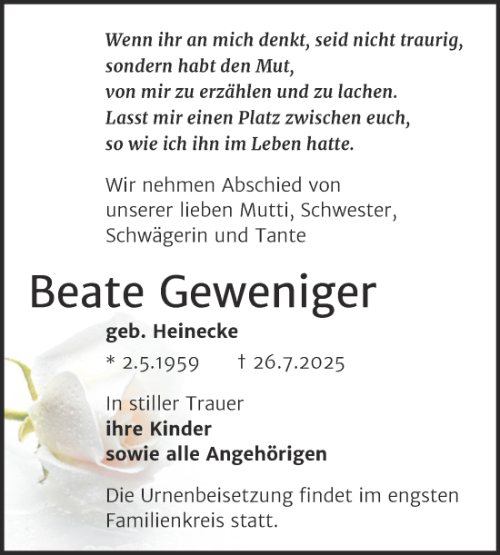 Traueranzeige von Beate Geweniger von Trauerkombi Zeitz