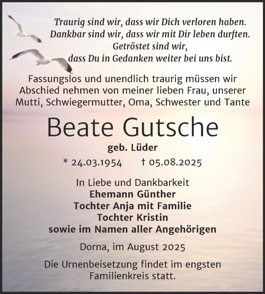  Traueranzeige für Beate Gutsche vom 16.08.2025 aus Trauerkombi Wittenberg
