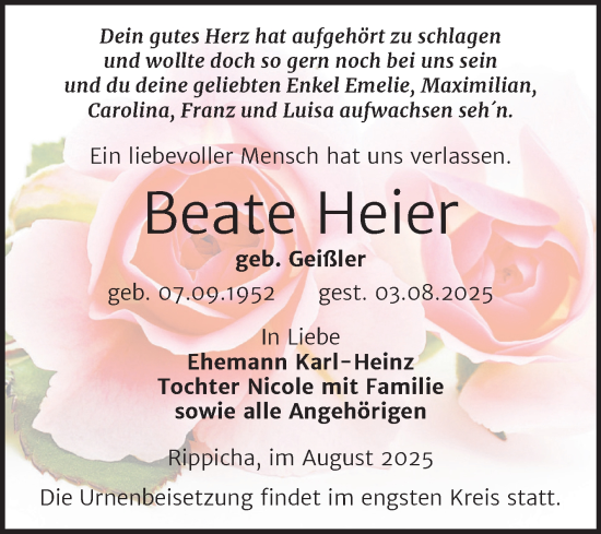 Traueranzeige von Beate Heier von Trauerkombi Zeitz