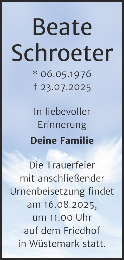  Traueranzeige für Beate Schroeter vom 02.08.2025 aus SuperSonntag Bitterfeld