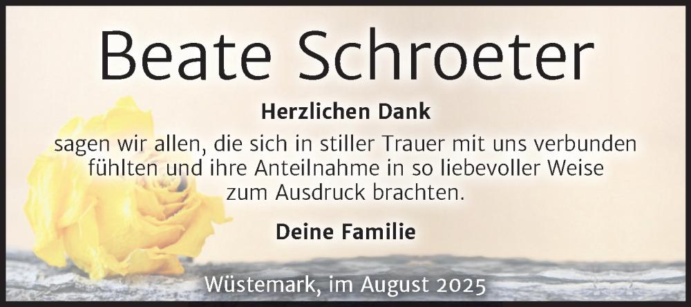  Traueranzeige für Beate Schroeter vom 23.08.2025 aus Trauerkombi Wittenberg