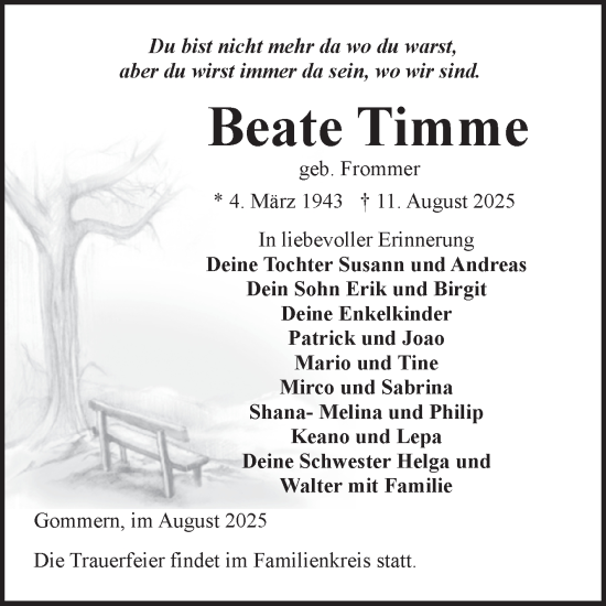 Traueranzeige von Beate Timme von Volksstimme Burg/Genthin