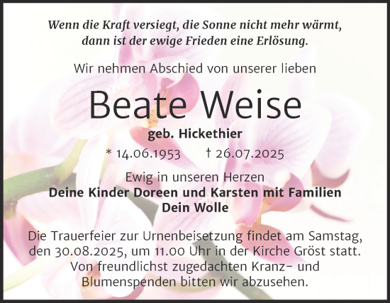 Traueranzeige von Beate Weise von Super Sonntag Naumburg/Nebra