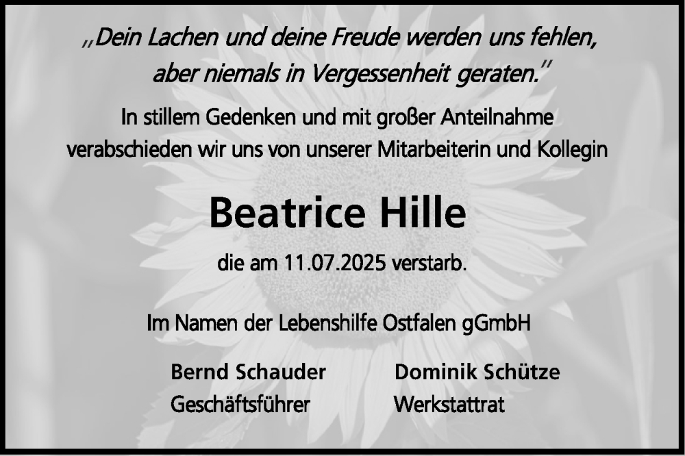  Traueranzeige für Beatrice Hille vom 09.08.2025 aus Volksstimme Haldensleben/Wolmirstedt