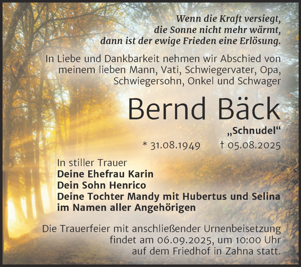  Traueranzeige für Bernd Bäck vom 23.08.2025 aus Trauerkombi Wittenberg