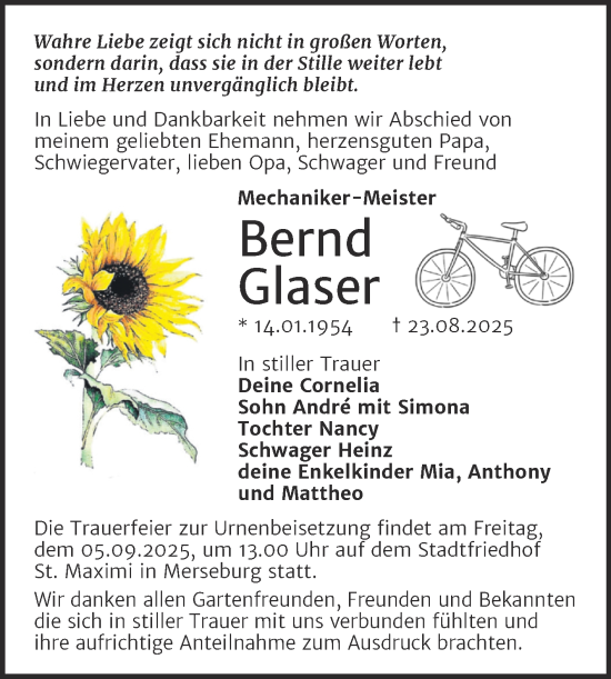 Traueranzeige von Bernd Glaser von Trauerkombi Merseburg