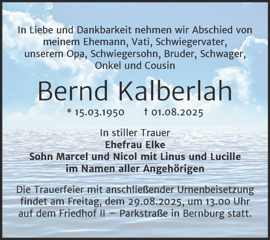 Traueranzeige von Bernd Kalberlah von Trauerkombi Bernburg
