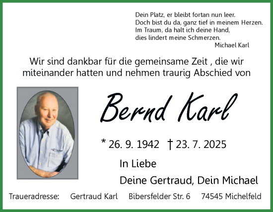 Traueranzeige von Bernd Karl von Naumburger Tageblatt