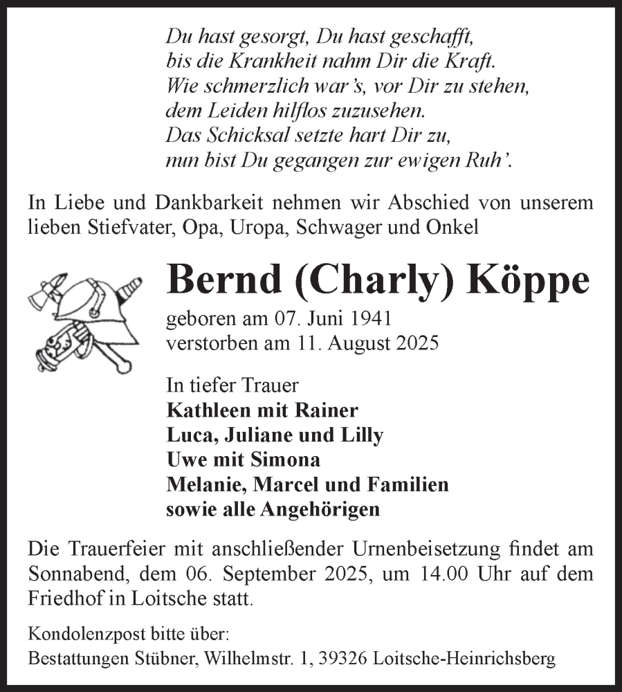  Traueranzeige für Bernd  Köppe vom 23.08.2025 aus Volksstimme Haldensleben/Wolmirstedt