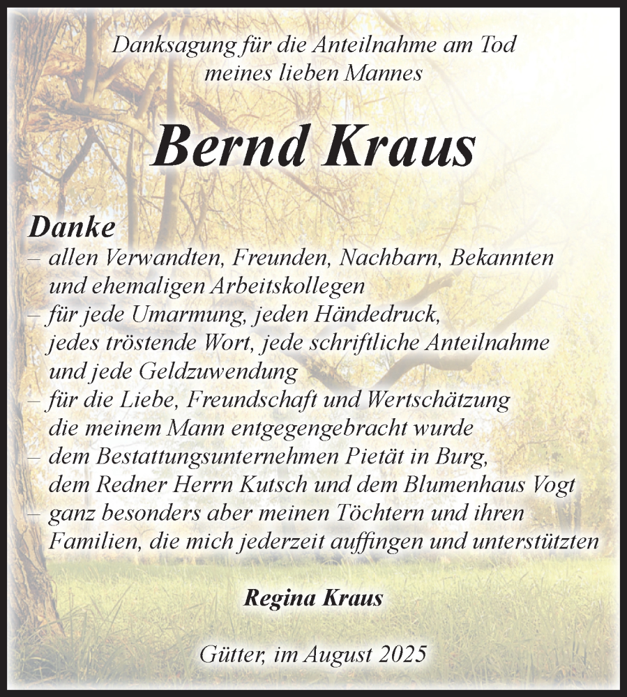  Traueranzeige für Bernd Kraus vom 23.08.2025 aus Volksstimme Burg/Genthin