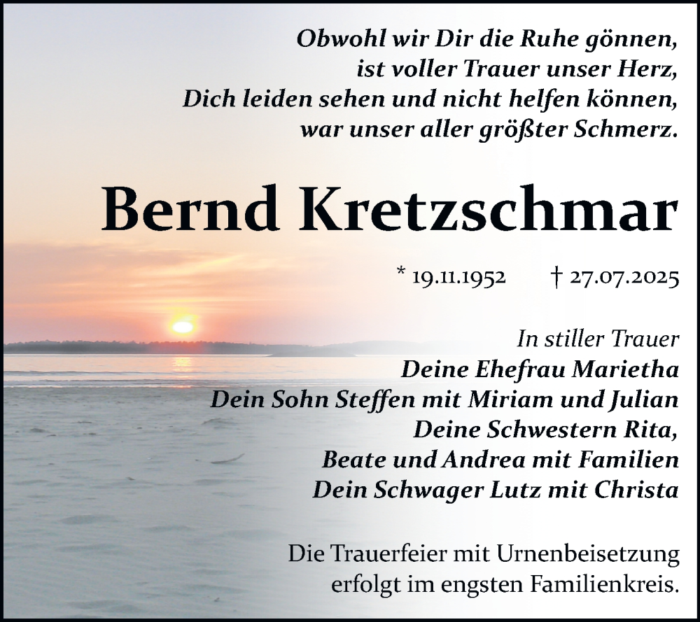  Traueranzeige für Bernd Kretzschmar vom 09.08.2025 aus Trauerkombi Bitterfeld