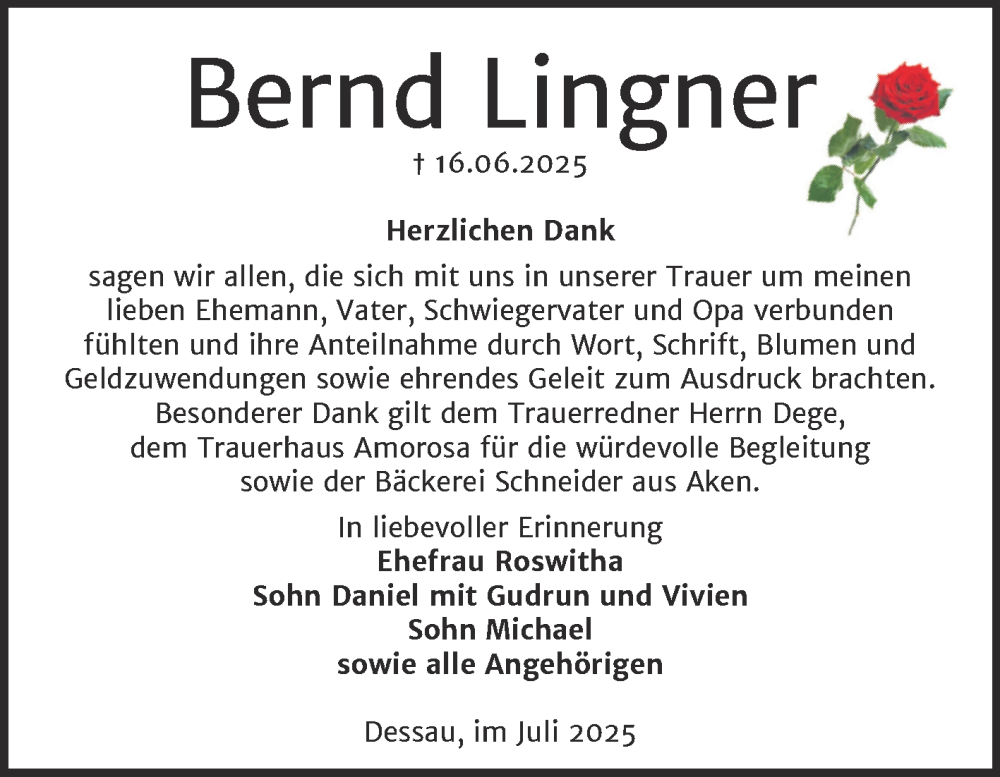  Traueranzeige für Bernd Lingner vom 09.08.2025 aus Trauerkombi Dessau