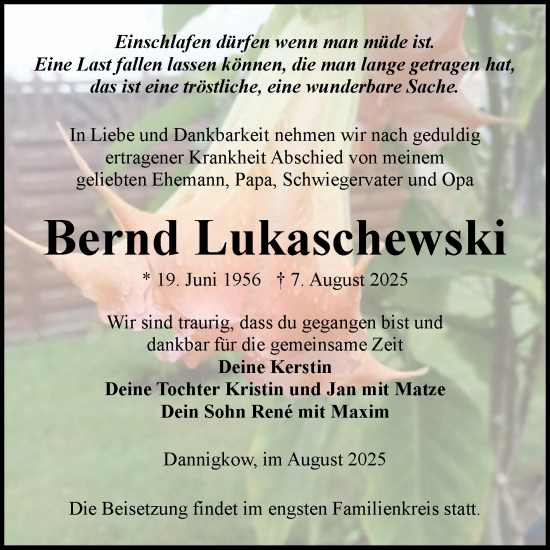 Traueranzeige von Bernd Lukaschewski von Volksstimme Burg/Genthin