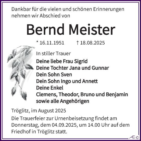 Traueranzeige von Bernd Meister von Trauerkombi Zeitz