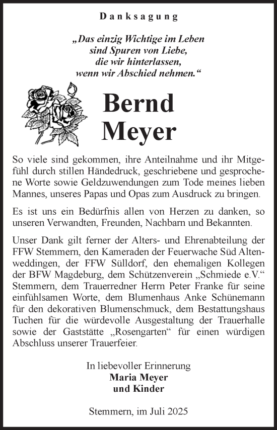 Traueranzeige von Bernd Meyer von Volksstimme Oschersleben/Wanzleben