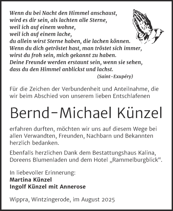 Traueranzeige von Bernd-Michael Künzel von Mitteldeutsche Zeitung Mansfelder Land