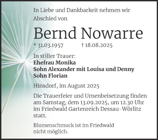 Traueranzeige von Bernd Nowarre von Mitteldeutsche Zeitung Dessau-Roßlau