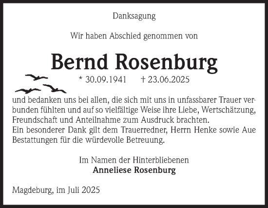 Traueranzeige von Bernd Rosenburg von Volksstimme Magdeburg