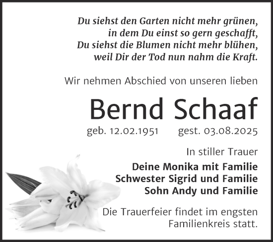 Traueranzeige von Bernd Schaaf von Trauerkombi Sangerhausen
