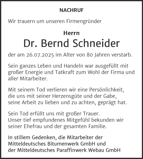 Traueranzeige von Bernd Schneider von Mitteldeutsche Zeitung Weißenfels