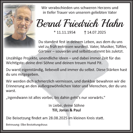Traueranzeige von Bernd Friedrich Hahn von Volksstimme Magdeburg