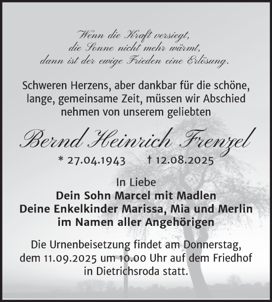 Traueranzeige von Bernd Heinrich Frenzel von Super Sonntag Naumburg/Nebra