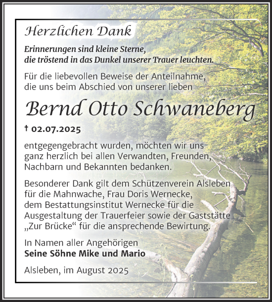 Traueranzeige von Bernd Otto Schwaneberg von Trauerkombi Bernburg