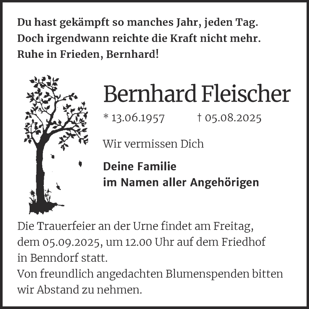  Traueranzeige für Bernhard Fleischer vom 23.08.2025 aus Trauerkombi Mansfelder Land