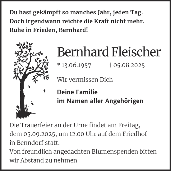 Traueranzeige von Bernhard Fleischer von Trauerkombi Mansfelder Land