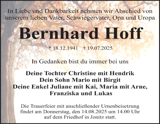 Traueranzeige von Bernhard Hoff von Trauerkombi Dessau