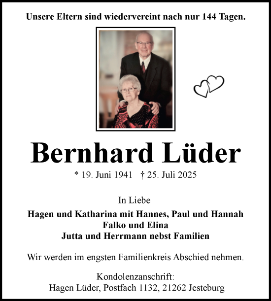 Traueranzeige von Bernhard Lüder von Volksstimme Zerbst