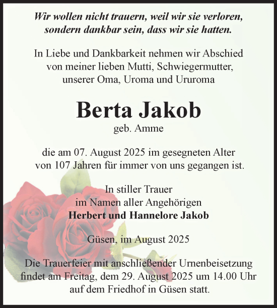 Traueranzeige von Berta Jakob von Volksstimme Burg/Genthin