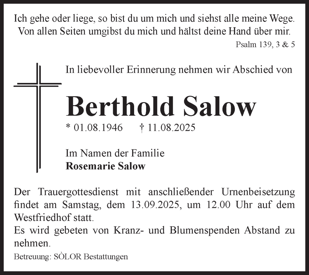  Traueranzeige für Berthold Salow vom 30.08.2025 aus Volksstimme Magdeburg