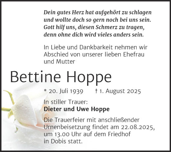 Traueranzeige von Bettine Hoppe von Mitteldeutsche Zeitung Halle/Saalkreis