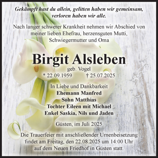 Traueranzeige von Birgit Alsleben 