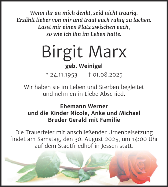 Traueranzeige von Birgit Marx von Trauerkombi Wittenberg
