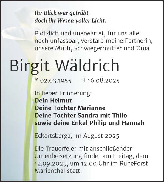 Traueranzeige von Birgit Wäldrich von Super Sonntag Naumburg/Nebra