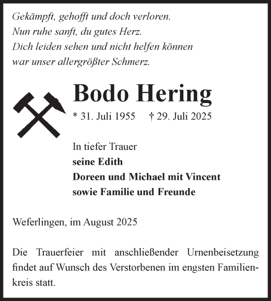 Traueranzeige von Bodo Hering von Volksstimme Haldensleben/Wolmirstedt