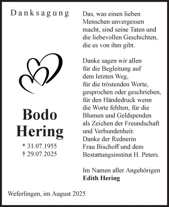 Traueranzeige von Bodo Hering von Volksstimme Haldensleben/Wolmirstedt