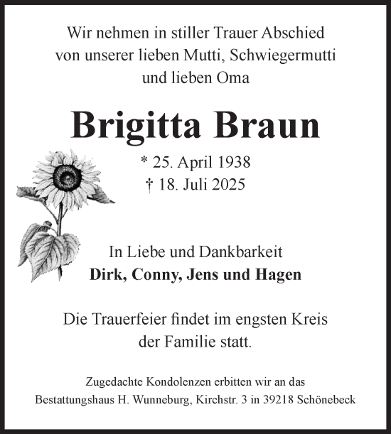 Traueranzeige von Brigitta Braun von Volksstimme Schönebeck