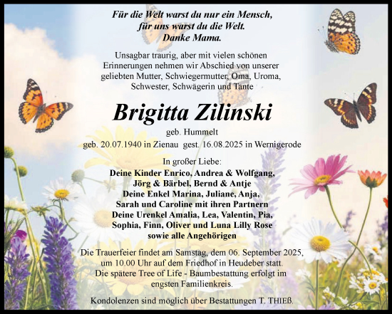 Traueranzeige von Brigitta Zilinski von Volksstimme Altmark West